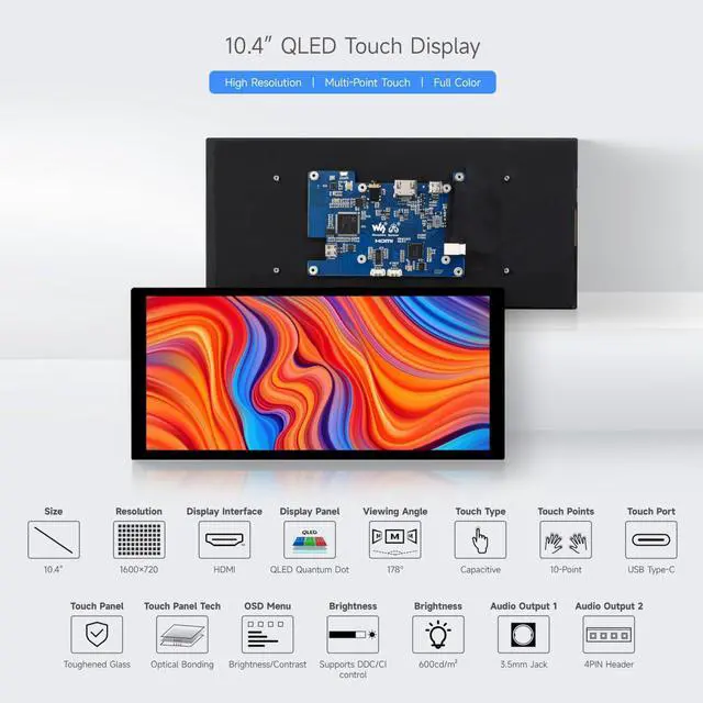 Alt view image 3 of 5 - waveshare 10.4inch QLED Quantum Dot Display, 1600×720 Resolution, Compatible with Raspberry Pi 5/4B/3B/Zero/Zero W/Zero 2W/Pico/Pico W/Pico WH, Jetson Nano and PC