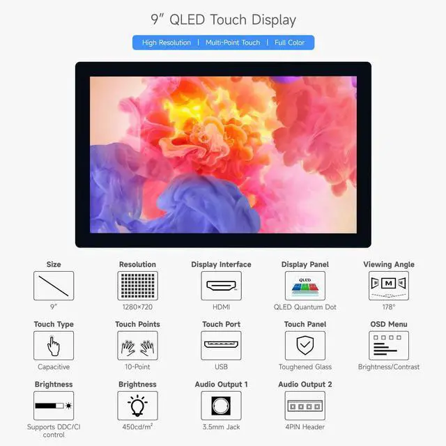 Alt view image 3 of 5 - waveshare 9inch QLED Quantum Dot Display, 1280×720, Compatible with Raspberry Pi 5/4B/3B/Zero/Zero W/Zero 2W/Pico/Pico W/Pico WH, Supports Windows 11/10/8.1/8/7