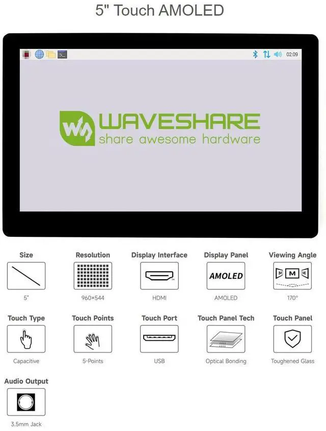 Alt view image 4 of 5 - waveshare 5inch Capacitive Touch AMOLED Display Compatible with Raspberry Pi 5/4B/3B+/3A+/2B/B+/A+/Zero/Zero W/WH/Zero 2W CM3+/4 960×544 Resolution HDMI Optical Bonding Supports Jetson Nano/Windows