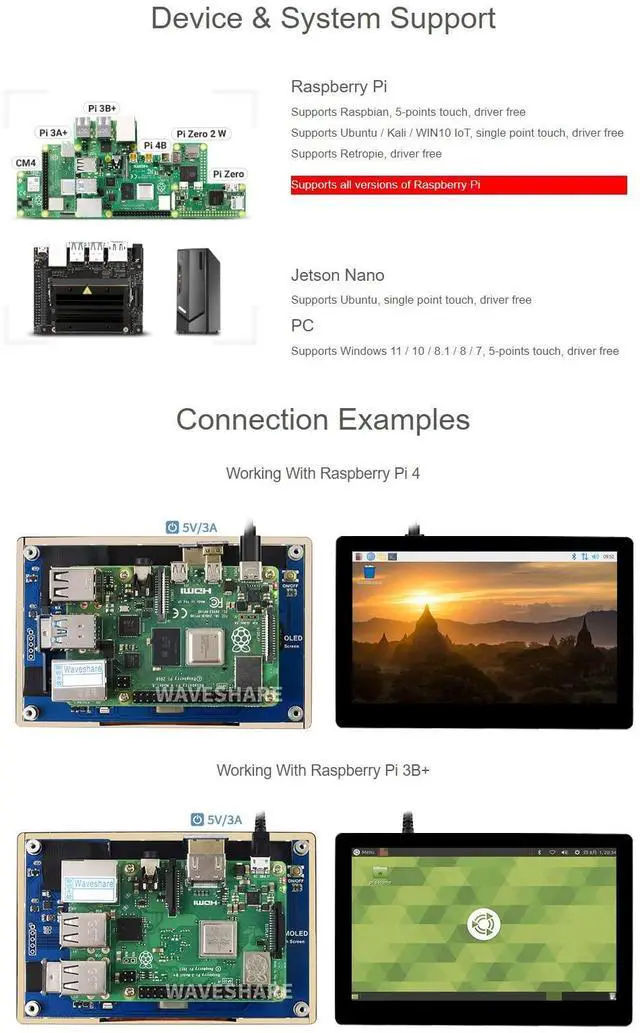 Alt view image 5 of 5 - waveshare 5inch Capacitive Touch AMOLED Display Compatible with Raspberry Pi 5/4B/3B+/3A+/2B/B+/A+/Zero/Zero W/WH/Zero 2W CM3+/4 960×544 Resolution HDMI Optical Bonding Supports Jetson Nano/Windows