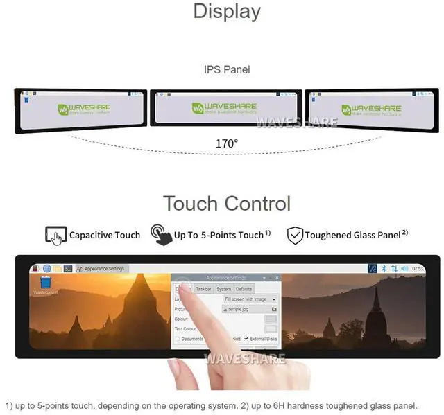 Alt view image 5 of 5 - Waveshare 11.9inch Capacitive Touch Screen LCD Compatible with Raspberry Pi 5/4B/3B+/3A+/2B/B+/A+/Zero/Zero W/WH/Zero 2W CM3+/4 320×1480 Resolution HDMI IPS Supports Jetson Nano/Windows