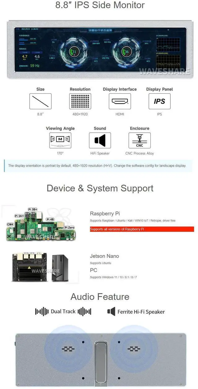 Alt view image 3 of 5 - waveshare 8.8inch Side Monitor Compatible with Raspberry Pi 5/4B/3B+/3A+/2B/B+/A+/Zero/Zero W/WH/Zero 2W CM3+/4 480×1920 Resolution HDMI IPS HiFi Speaker Supports Jetson Nano/Windows