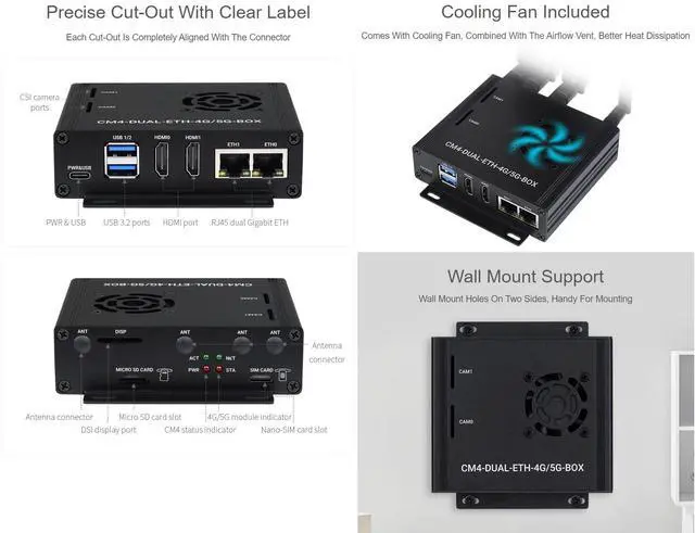 Alt view image 4 of 5 - Waveshare Dual Gigabit Ethernet 5G/4G Mini-Computer Compatible with Raspberry Pi Compute Module 4 (NOT Included) with Metal Case and Cooling Fan