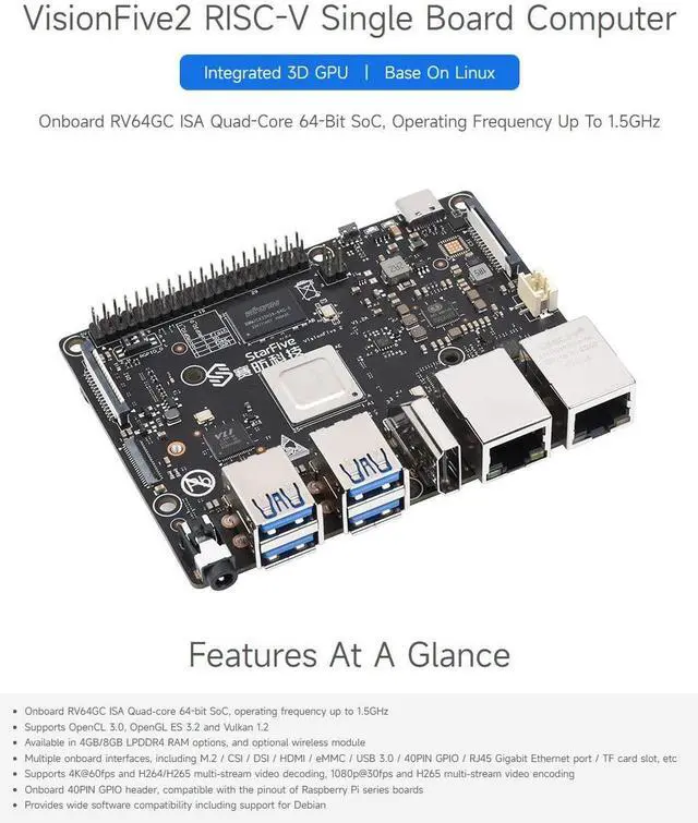 Alt view image 2 of 5 - Waveshare VisionFive2 RISC-V Single Board Computer, StarFive JH7110 Processor with Integrated 3D GPU, 4GB Memory, Without WiFi Module, 1.3B New Version