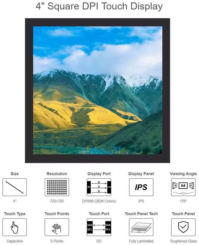 Alt view image 3 of 5 - waveshare 4inch Square Capacitive Touch Screen LCD Compatible with Raspberry Pi 4B/3B+/3B/2B/B+/A+/Zero/Zero W/WH/Zero 2W 720×720 Resolution DPI IPS Toughened Glass Cover Low Power Solution