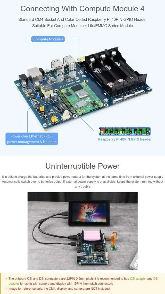 Alt view image 4 of 5 - Waveshare PoE UPS Uninterruptible Power Supply Base Board for Raspberry Pi Compute Module 4 with Gigabit Ethernet/Dual HDMI/Quad USB2.0 etc.Interfaces