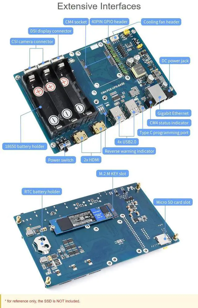 Alt view image 5 of 5 - Waveshare PoE UPS Uninterruptible Power Supply Base Board for Raspberry Pi Compute Module 4 with Gigabit Ethernet/Dual HDMI/Quad USB2.0 etc.Interfaces