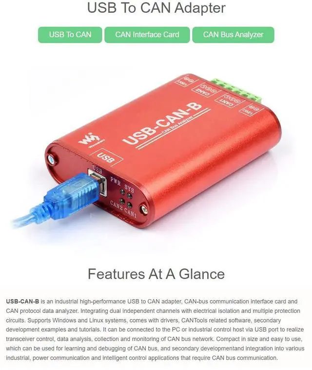 Alt view image 3 of 5 - Waveshare USB to CAN Adapter Dual-Channel CAN Analyzer Industrial Isolation Support Windows XP/7/8/10/11 and Linux Systems