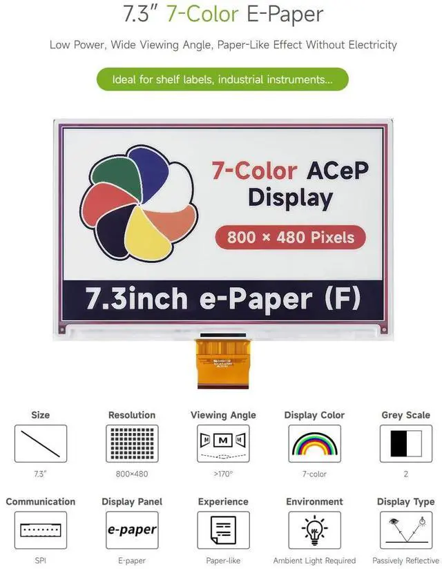 Alt view image 4 of 5 - Waveshare 7.3inch ACeP 7-Color E-Paper E-Ink Raw Display, 800×480 Pixels, Raw E-Paper Display, with Driver Board