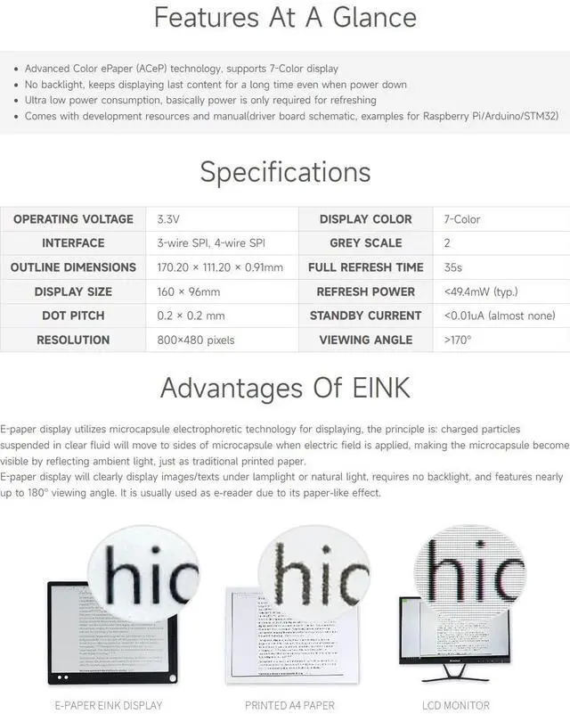 Alt view image 5 of 5 - Waveshare 7.3inch ACeP 7-Color E-Paper E-Ink Raw Display, 800×480 Pixels, Raw E-Paper Display, with Driver Board