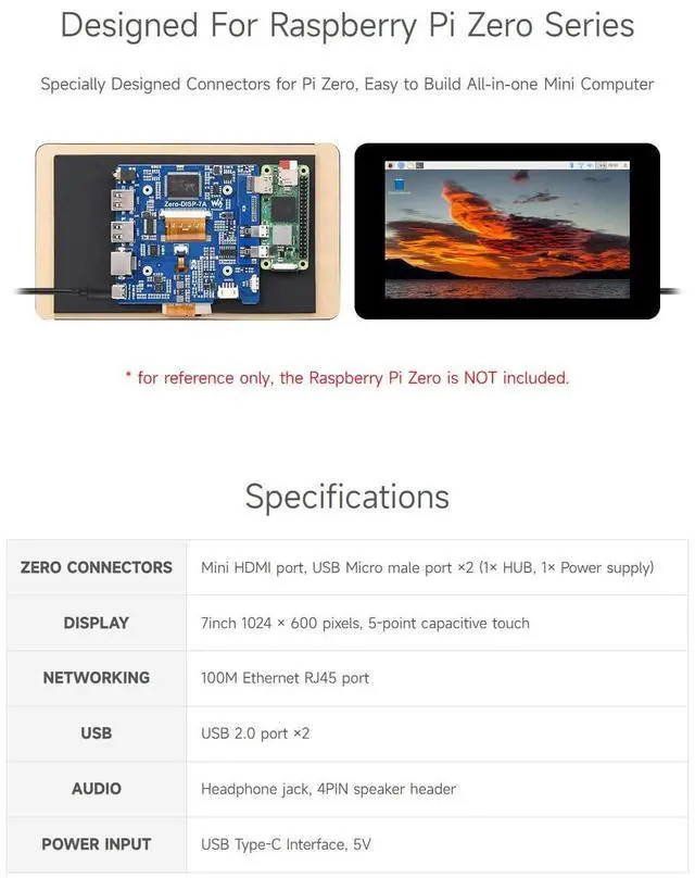 Alt view image 4 of 5 - waveshare 7 Touch Display Kit Compatible with Raspberry Pi Zero, with IPS Display Expansion Board, 1024×600, 5-Point Capacitive Touch