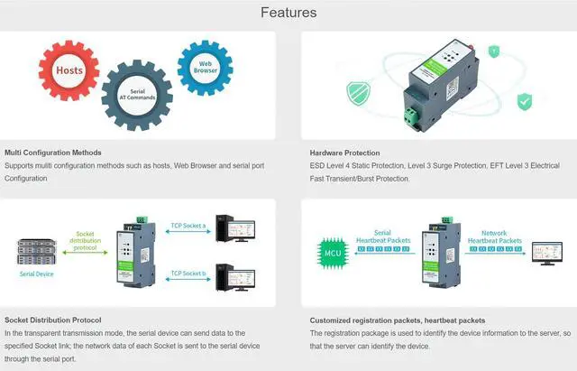 Alt view image 5 of 5 - RS485 to WiFi/Ethernet Module, Rail-Mount Serial Server, Modbus MQTT Gateway, Support 802.11b/g/n Wireless Standards, Support RS485 to WiFi, RS485 to Ethernet, Ethernet to WiFi, etc.