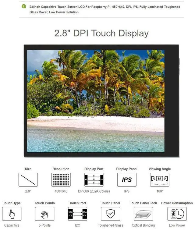 Alt view image 3 of 5 - Waveshare 2.8inch Screen LCD Compatible with Raspberry Pi 4B/3B+/3B/2B/B+/A+/Zero/Zero W/WH/Zero 2W 480×640 Resolution DPI IPS 5-Points Capacitive Touch Control Optical Bonding Toughened Glass Cover