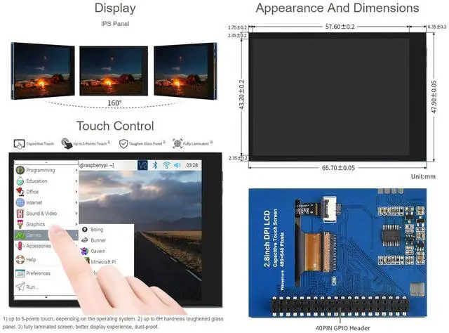 Alt view image 5 of 5 - Waveshare 2.8inch Screen LCD Compatible with Raspberry Pi 4B/3B+/3B/2B/B+/A+/Zero/Zero W/WH/Zero 2W 480×640 Resolution DPI IPS 5-Points Capacitive Touch Control Optical Bonding Toughened Glass Cover
