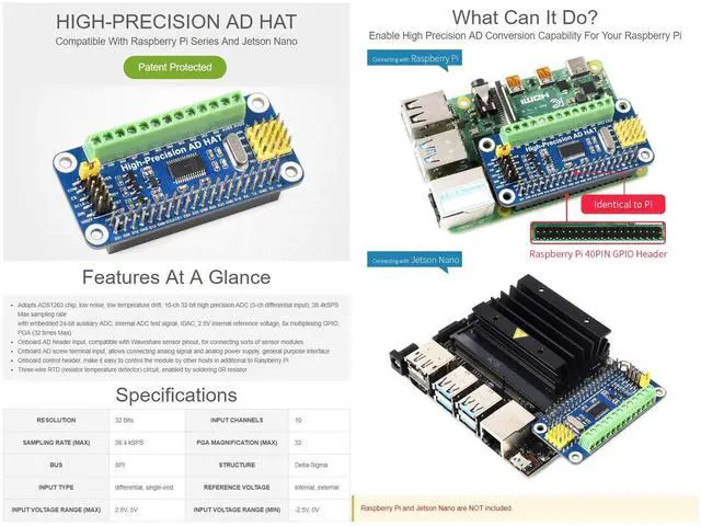 Alt view image 2 of 5 - Waveshare High-Precision AD HAT, Compatible with Raspberry Pi 5/4B/3B/Zero/Zero W/Zero 2W/Pico/Pico W/Pico WH and Jetson Nano, ADS1263 10-ch 32-bit ADC