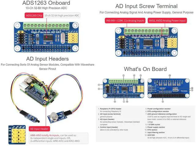 Alt view image 3 of 5 - Waveshare High-Precision AD HAT, Compatible with Raspberry Pi 5/4B/3B/Zero/Zero W/Zero 2W/Pico/Pico W/Pico WH and Jetson Nano, ADS1263 10-ch 32-bit ADC