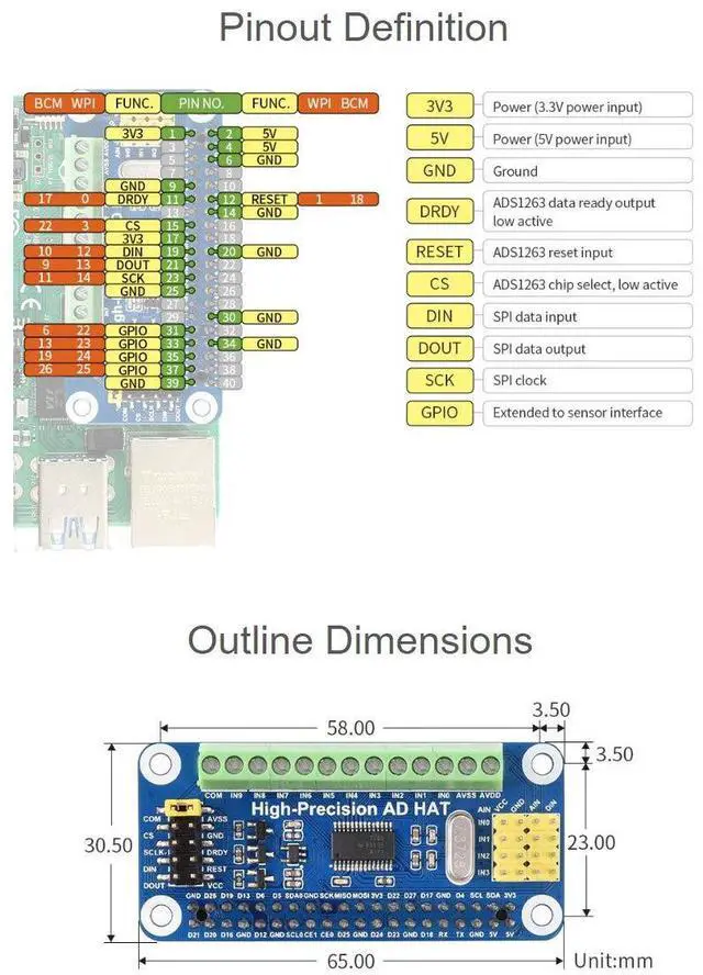 Alt view image 4 of 5 - Waveshare High-Precision AD HAT, Compatible with Raspberry Pi 5/4B/3B/Zero/Zero W/Zero 2W/Pico/Pico W/Pico WH and Jetson Nano, ADS1263 10-ch 32-bit ADC