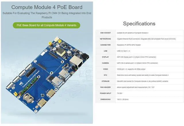 Alt view image 3 of 5 - Waveshare Compute Module 4 IO Board with PoE Feature, Compatible with Raspberry Pi, Suitable for All Variants of CM4