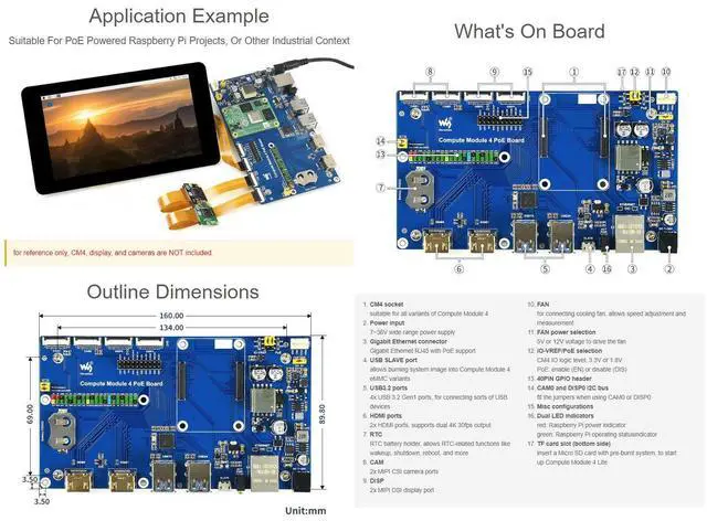 Alt view image 5 of 5 - Waveshare Compute Module 4 IO Board with PoE Feature, Compatible with Raspberry Pi, Suitable for All Variants of CM4