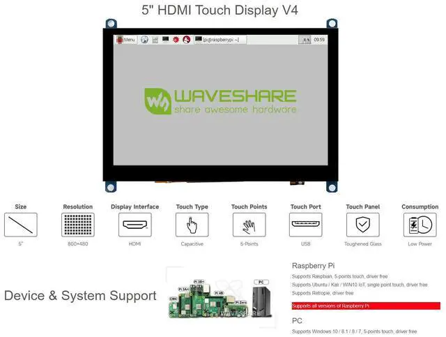 Alt view image 3 of 5 - Waveshare 5inch Capacitive Touch Screen LCD Slimmed-Down Compatible with Raspberry Pi 5/4B/3B+/3A+/2B/B+/A+/Zero/Zero W/WH/Zero 2W CM3+/4 800×480 Resolution HDMI Toughened Glass Panel Supports Windows
