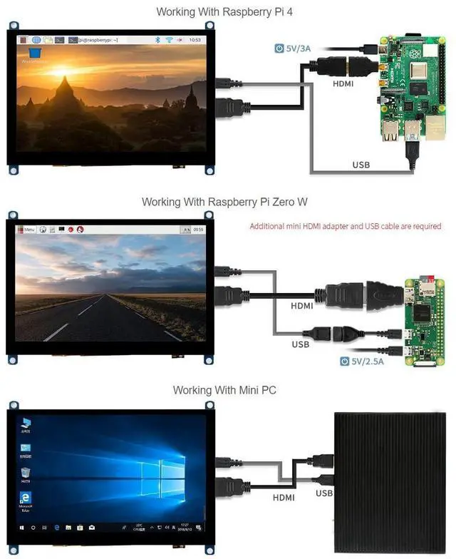 Alt view image 4 of 5 - Waveshare 5inch Capacitive Touch Screen LCD Slimmed-Down Compatible with Raspberry Pi 5/4B/3B+/3A+/2B/B+/A+/Zero/Zero W/WH/Zero 2W CM3+/4 800×480 Resolution HDMI Toughened Glass Panel Supports Windows
