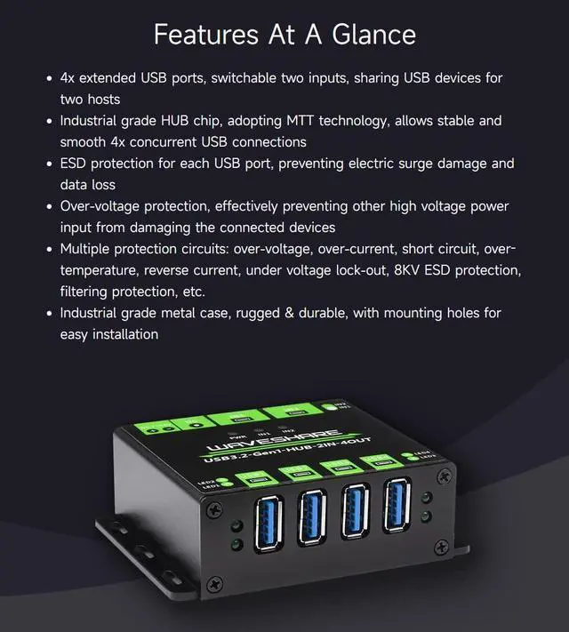 Alt view image 4 of 5 - Waveshare Industrial Grade USB HUB, Extending 4X USB 3.2 Ports, Switchable Dual Hosts, Multi Protections