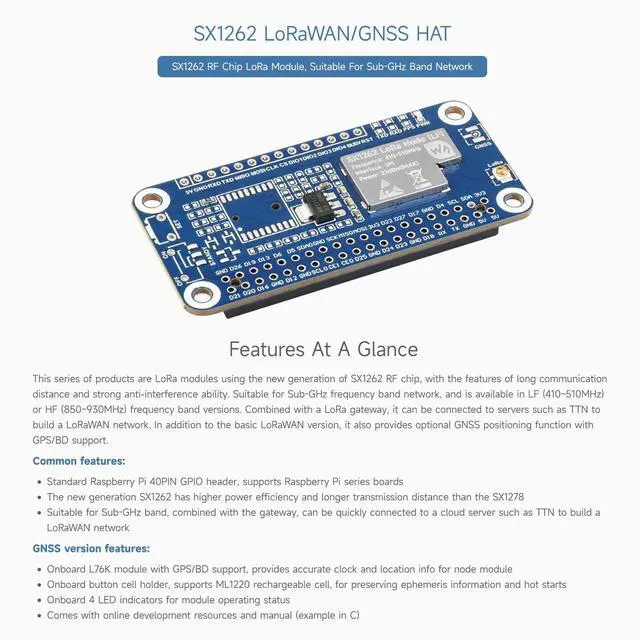 Alt view image 3 of 5 - Waveshare SX1262 LoRaWAN Node Module Expansion Board, Compatible with Raspberry Pi 5/4B/3B/Zero/Zero W/Zero 2W/Pico/Pico W/Pico WH, with Magnetic Antenna-433/470 Mhz, with GNSS Function