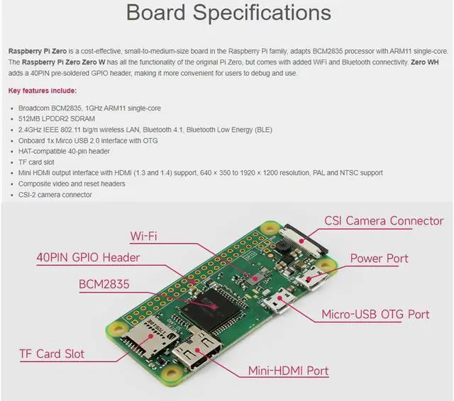 Alt view image 4 of 5 - Built-in WiFi and Bluetooth Pi Zero WH, Zero WH Package Comes with Raspberry Pi Zero W with 40PIN Pre-Soldered GPIO Headers +Mini HDMI to HDMI Adapter +Micro USB OTG Cable