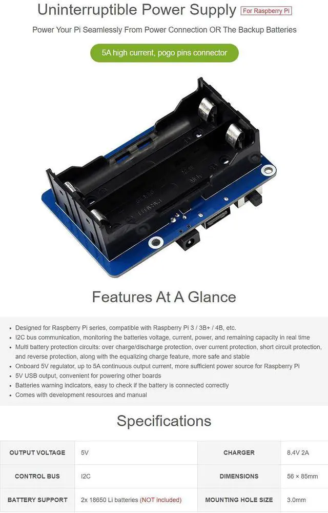 Alt view image 2 of 5 - Waveshare UPS HAT (B) for Raspberry Pi 5V Uninterruptible Power Supply 5A High Current with Pogo Pins Connector