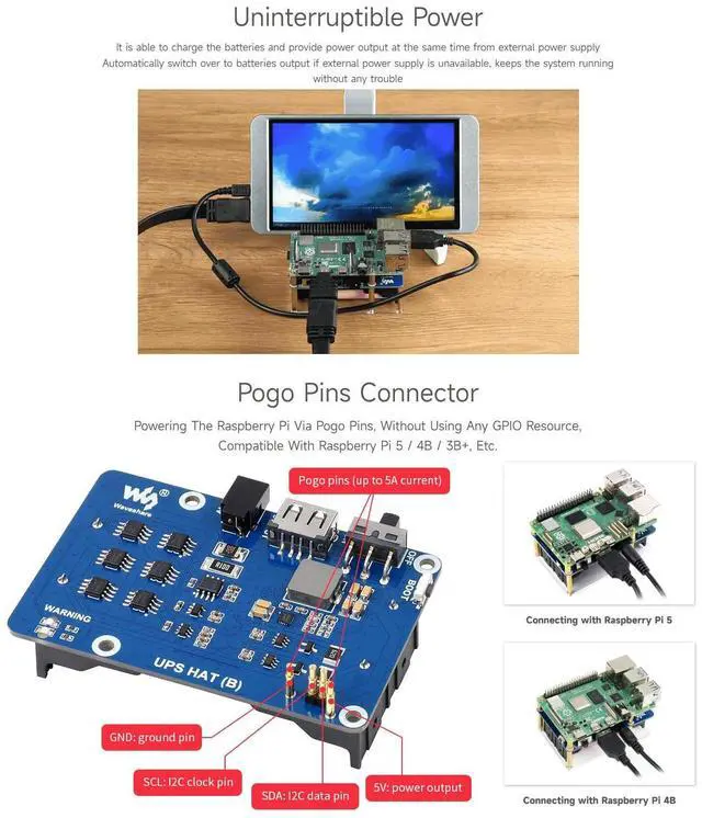 Alt view image 3 of 5 - Waveshare UPS HAT (B) for Raspberry Pi 5V Uninterruptible Power Supply 5A High Current with Pogo Pins Connector