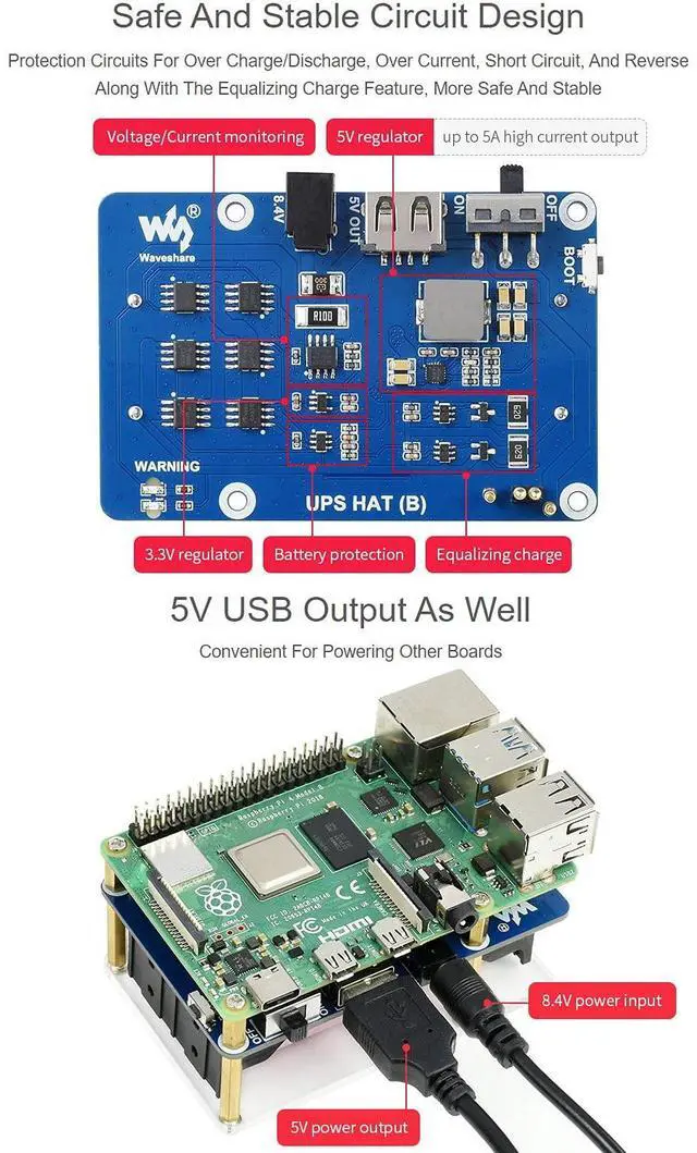 Alt view image 5 of 5 - Waveshare UPS HAT (B) for Raspberry Pi 5V Uninterruptible Power Supply 5A High Current with Pogo Pins Connector
