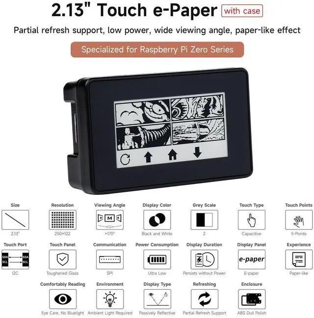 Alt view image 3 of 5 - Waveshare 2.13inch Touch E-Paper E-Ink Display HAT Compatible with Raspberry Pi Zero/Zero W 250×122 Pixels with ABS Protection Case Supports Partial Refresh