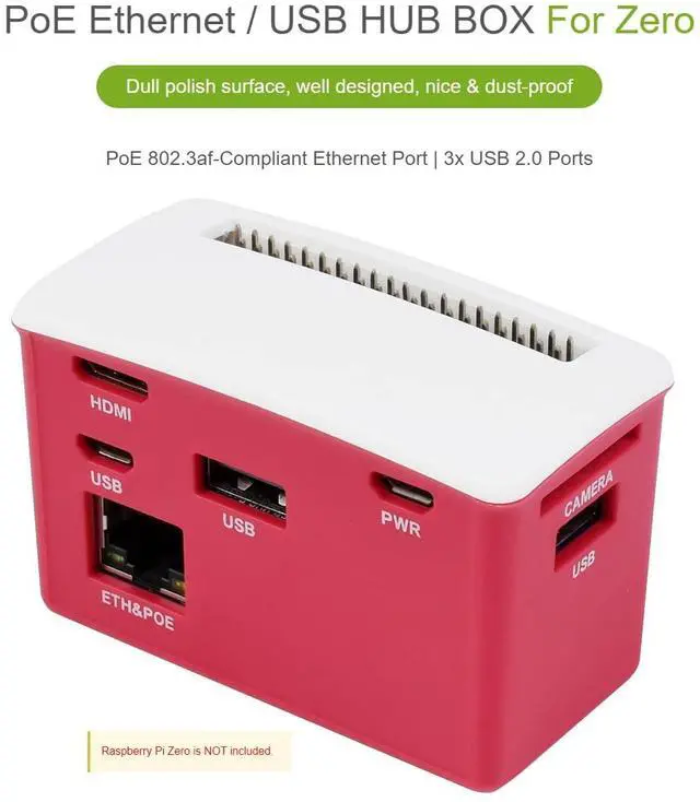 Alt view image 2 of 5 - Waveshare PoE Ethernet USB HUB HAT with Box ABX Case for Raspberry Pi Zero/Zerow/2, with 1 RJ45 10/100M Ethernet Port, 3 USB Ports Compatible with USB2.0/1.1, 802.3af-Compliant