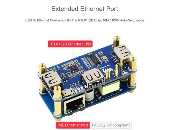 Alt view image 4 of 5 - Waveshare PoE Ethernet USB HUB HAT with Box ABX Case for Raspberry Pi Zero/Zerow/2, with 1 RJ45 10/100M Ethernet Port, 3 USB Ports Compatible with USB2.0/1.1, 802.3af-Compliant