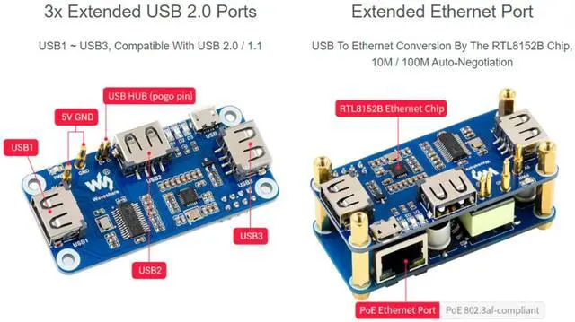 Alt view image 4 of 5 - Raspberry Pi USB/ETH HUB HAT for Zero 2W/Zero W - PoE Ethernet/USB HAT Board