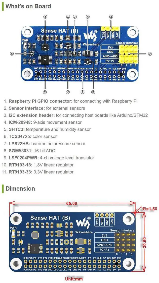 Alt view image 5 of 5 - Waveshare Sense HAT (B) for Raspberry Pi Onboard Multi Powerful Sensors Supports External Sensors