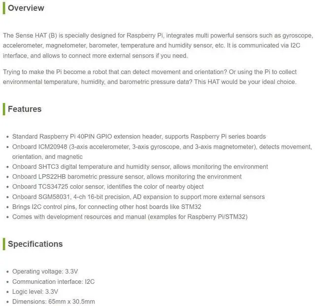 Alt view image 3 of 5 - Waveshare Sense HAT (B) for Raspberry Pi Onboard Multi Powerful Sensors Supports External Sensors