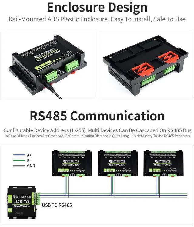 Alt view image 5 of 5 - Waveshare Industrial Modbus RTU 8-ch Relay Module with RS485 Interface Multi Isolation Protection Circuits Comes with an ABS Enclosure