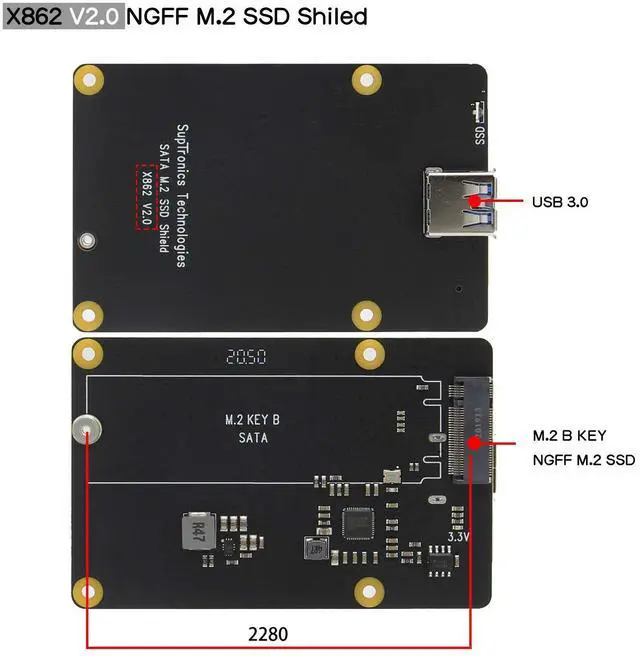 Alt view image 3 of 5 - Geekworm for Raspberry Pi 4, X862 V2.0 M.2 NGFF SATA SSD Storage Expansion Board UASP Supported Compatible with Raspberry Pi 4 Model B Only Support Key-B 2280 SSD