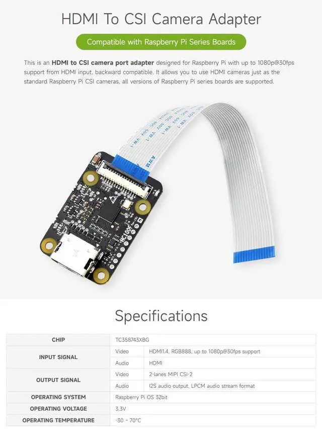 Alt view image 3 of 5 - waveshare HDMI to CSI Adapter, Compatible with Raspberry Pi 4B/3B+/3B/Pi Zero/Zero, Support 1080p@30fps Support from HDMI Input Backward Compatible