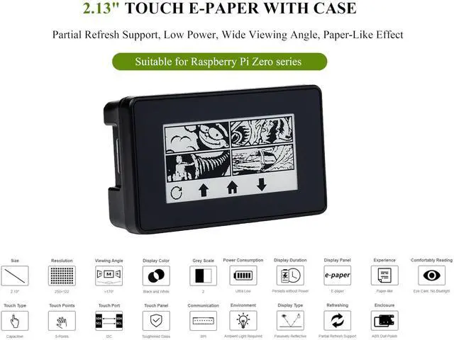 Alt view image 2 of 5 - 2.13inch Touch e-Paper Display with ABS Case for Raspberry Pi Zero 2 W/Raspberry Pi Zero/Pi Zero W/Pi Zero WH, 250x122 Pixels E-Ink, Paper-Like Effect Support Partial Refresh