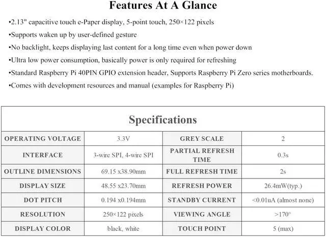Alt view image 3 of 5 - 2.13inch Touch e-Paper Display with ABS Case for Raspberry Pi Zero 2 W/Raspberry Pi Zero/Pi Zero W/Pi Zero WH, 250x122 Pixels E-Ink, Paper-Like Effect Support Partial Refresh