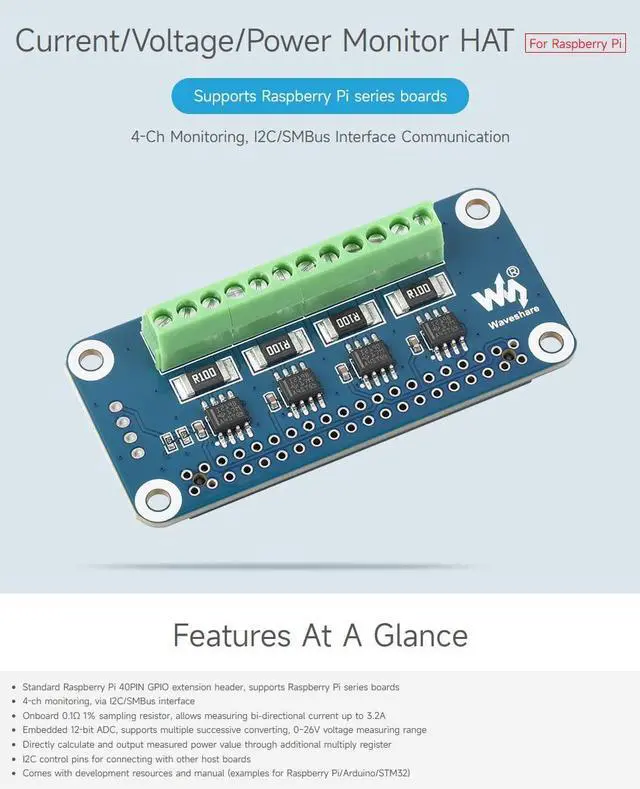 Alt view image 5 of 5 - waveshare 4-ch Current/Voltage/Power Monitor HAT for Raspberry Pi with I2C/SMBus Interface