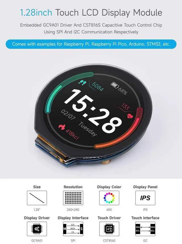 Alt view image 5 of 5 - Waveshare 1.28inch Round LCD Display Module with Touch Panel, 240×240 Resolution, IPS, SPI and I2C Communication, Compatible with Raspberry Pi 5/4B/3B/Zero/Zero W/Zero 2W/Pico/Pico W/Pico WH