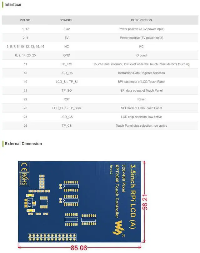 Alt view image 4 of 5 - Waveshare 3.5inch Touch Screen, Compatible with Raspberry Pi 5/4B/3B/Zero/Zero W/Zero 2W/Pico/Pico W/Pico WH, TFT LCD, 480x320