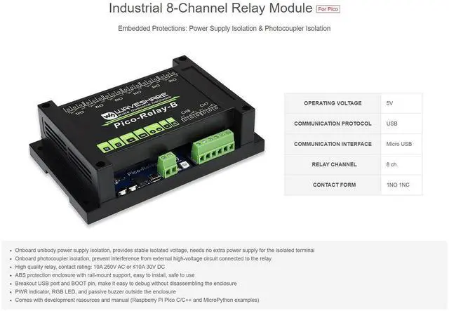 Alt view image 3 of 5 - Waveshare Industrial 8-Channel Relay Module for Raspberry Pi Pico Power Supply Isolation Photocoupler Isolation