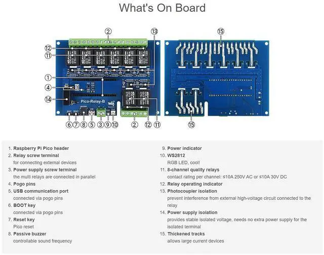Alt view image 5 of 5 - Waveshare Industrial 8-Channel Relay Module for Raspberry Pi Pico Power Supply Isolation Photocoupler Isolation