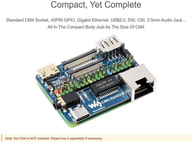 Alt view image 4 of 5 - Nano Base Board (B) for Raspberry Pi Compute Module 4, Same Size as CM4, with Standard CM4 Socket, Raspberry Pi 40PIN GPIO, Gigabit Ethernet, USB2.0, DSI, CSI, HDMI, 3.5mm Audio Jack etc.