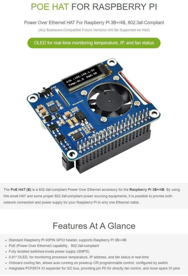 Alt view image 2 of 5 - Waveshare PoE HAT (B) Power Over Ethernet HAT Supports Raspberry Pi 3B+ and 4B, 802.3af PoE Network