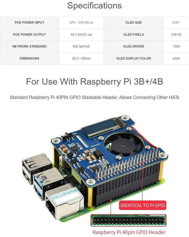 Alt view image 3 of 5 - Waveshare PoE HAT (B) Power Over Ethernet HAT Supports Raspberry Pi 3B+ and 4B, 802.3af PoE Network